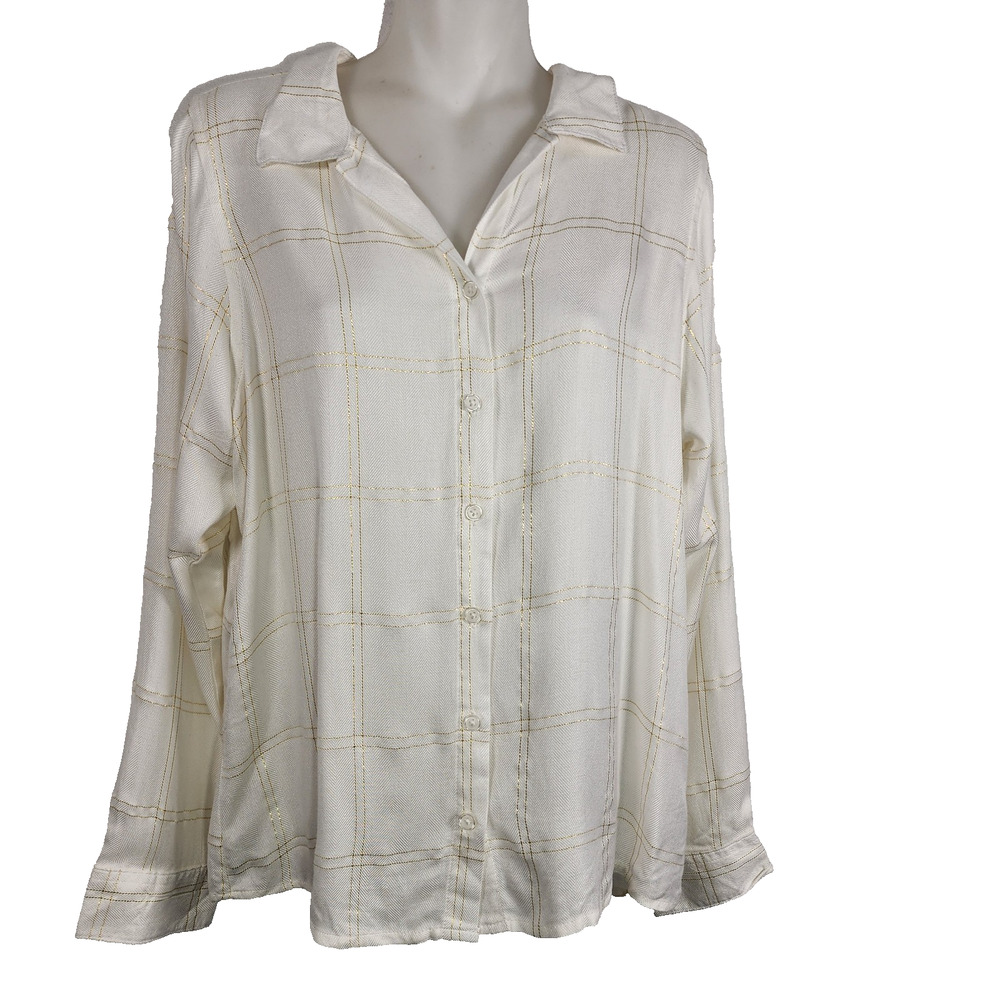 Thread and Supply Womens Long Sleeve Button Up Shirt Large Gold Foil Window Pane